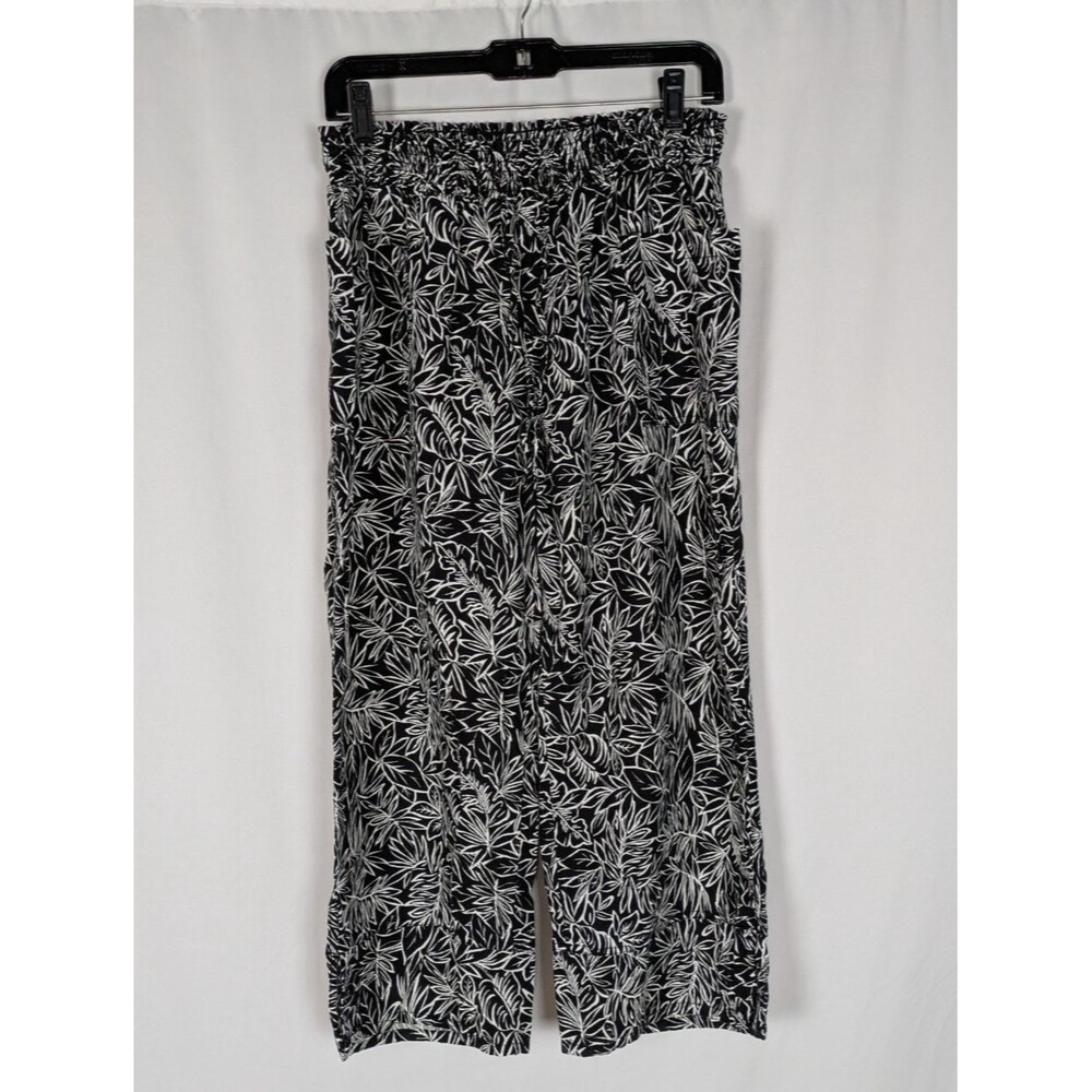Napa Valley Wide Leg Pants L Women's Black Tropical Print Linen Blend Drawstring